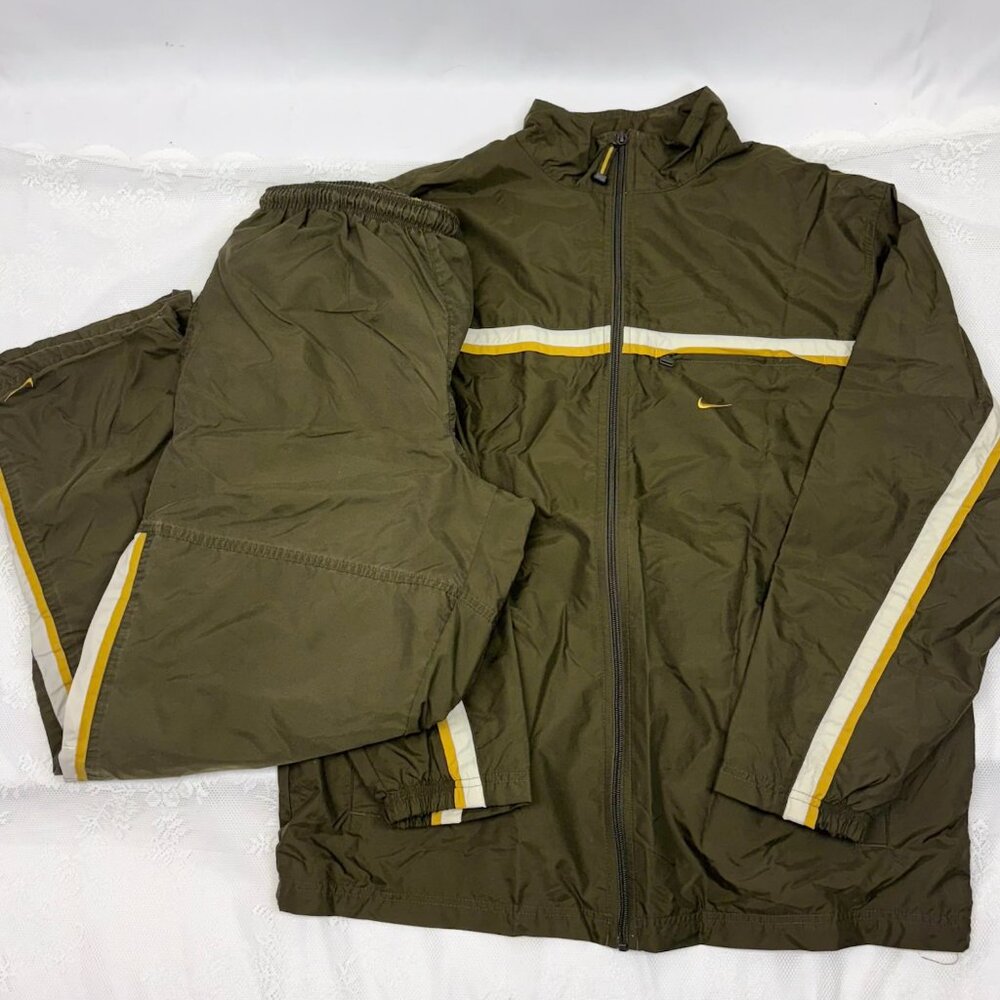 NIKE Vintage 90s Men's Sweatsuit Army Green Track Suit Fleece Lined 2 Piece Y2K